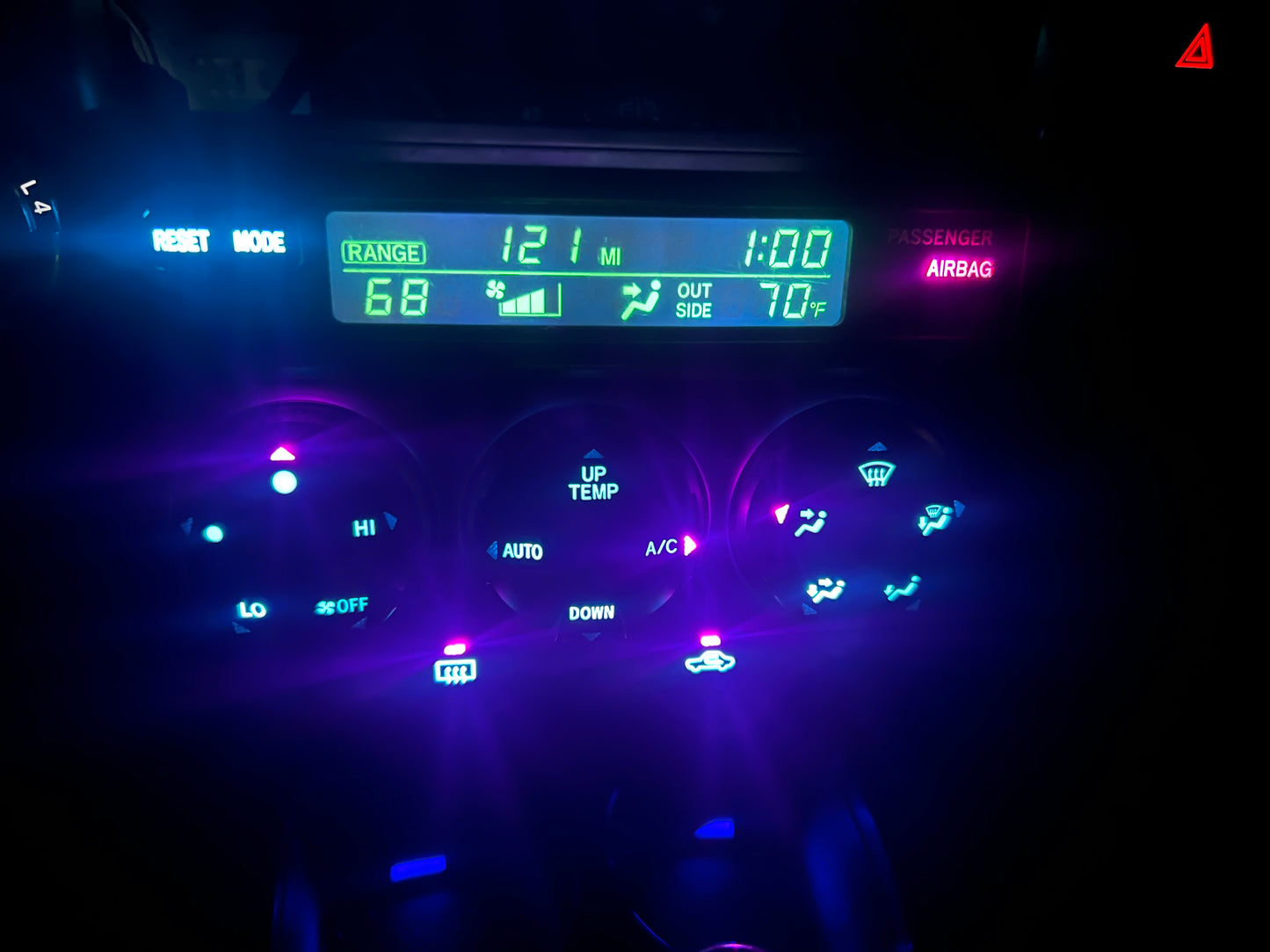 Ice blue reversed display at night. Ice blue background LED’s. Purple arrows do not come with DIY kit.