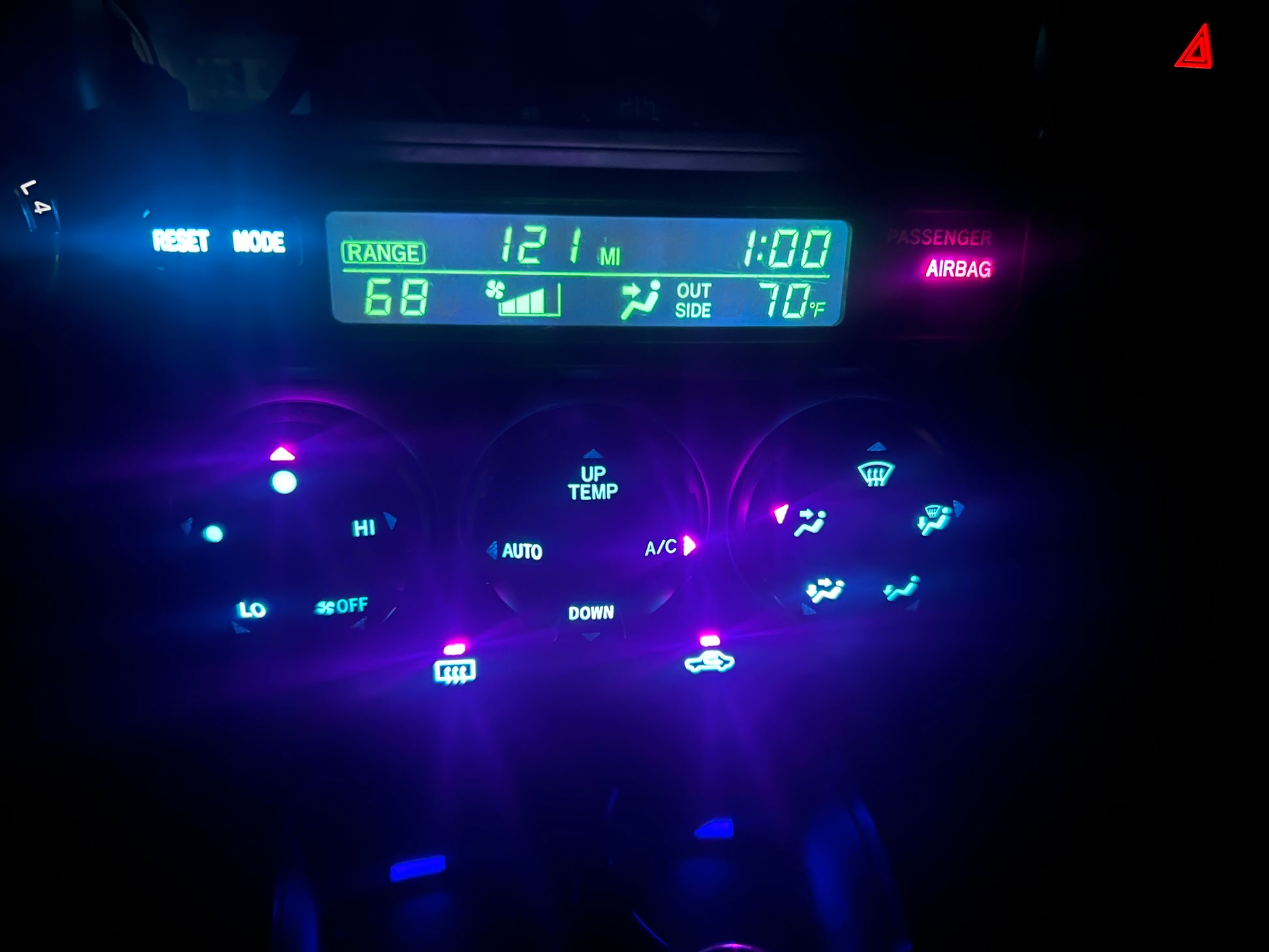 Ice blue reversed display at night. Ice blue background LED’s. Purple arrows do not come with DIY kit.