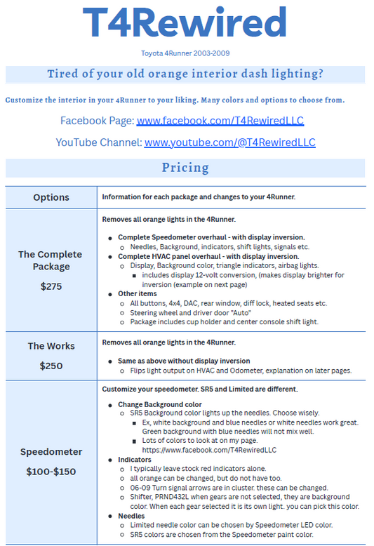 4Runner Customization General Information MUST MESSAGE FOR THIS SERVICE - not sold out