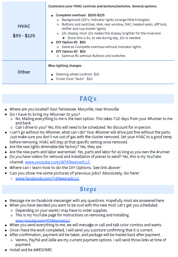 4Runner Customization General Information MUST MESSAGE FOR THIS SERVICE - not sold out